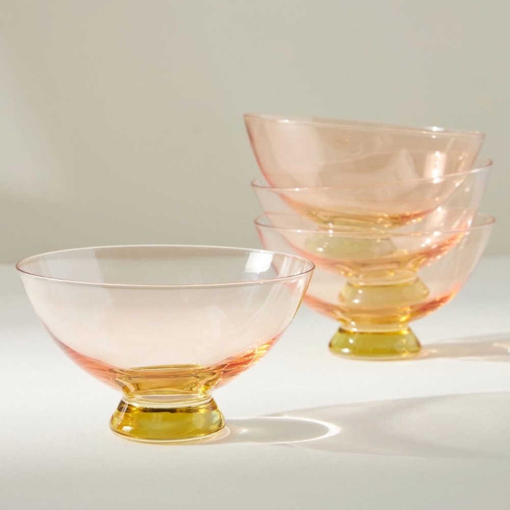 4 Anthropologie Ramona Blown Glass Peach Pedestal Bowls
